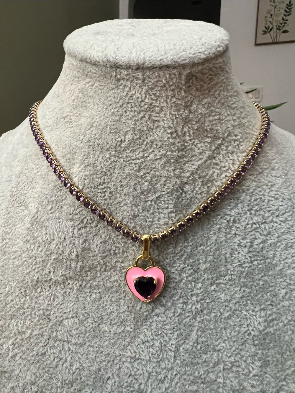 Gold-Tone Necklace with Pink Heart Pendant and Purple Accents